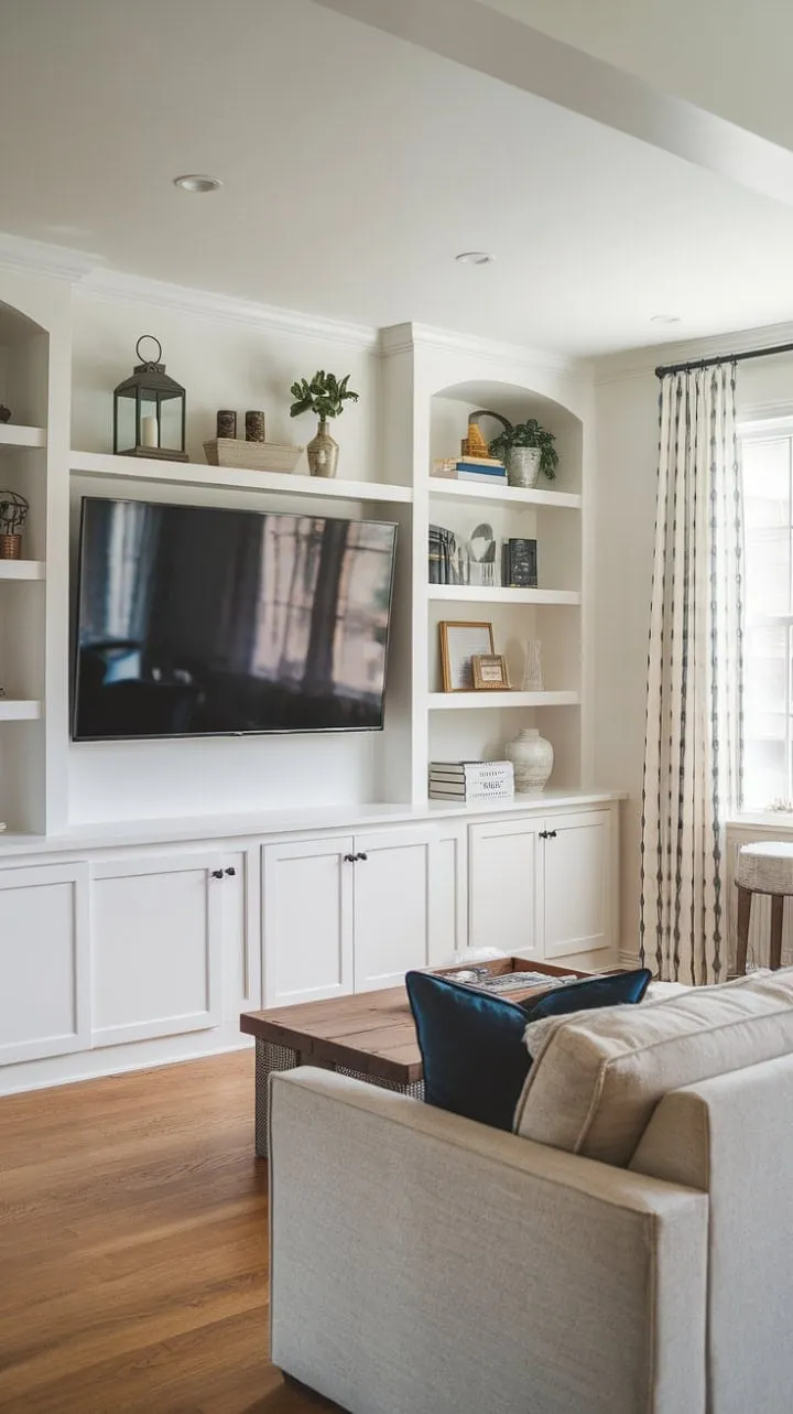 This living room harmoniously blends contemporary elegance with rustic charm, creating a serene and inviting retreat.