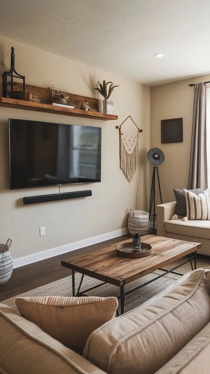 Experience the perfect blend of rustic charm and modern elegance in this inviting living room, where natural wood and sleek design create a cozy retreat for relaxation and entertainment.