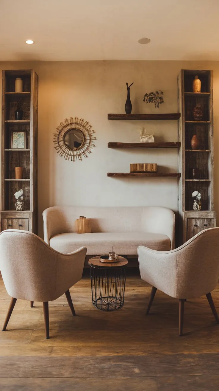 Warm wood tones and a cozy beige seating arrangement create a modern TV room with inviting charm.