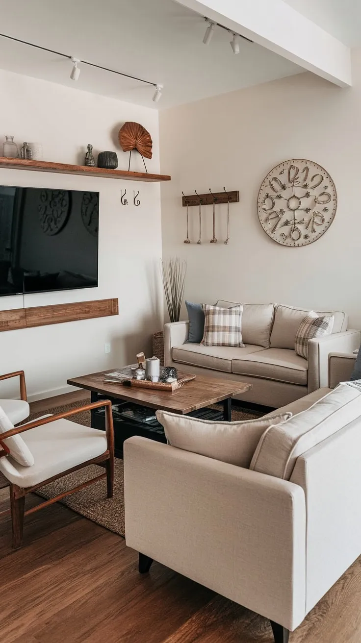 A modern TV room blends beige comfort with warm wood accents and a minimalist design.