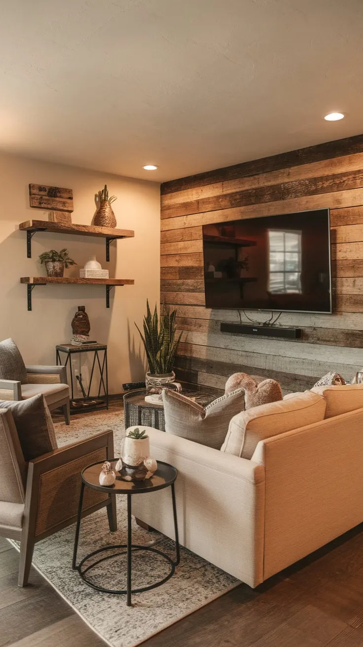Warm lighting illuminates a modern TV room featuring a beige sofa, wooden shelving, and carefully chosen plants creating a cozy atmosphere.