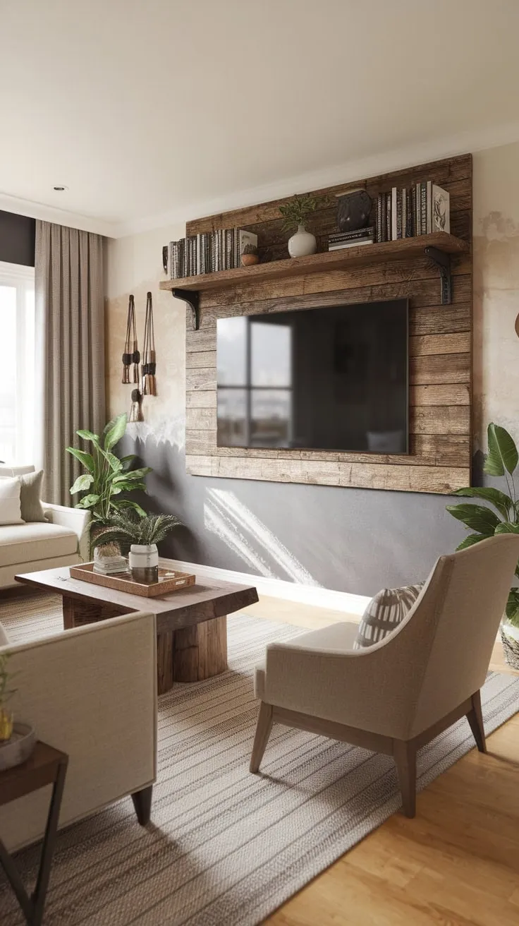 A modern TV room blends beige comfort with wooden accents and pops of greenery for a cozy, inviting atmosphere.
