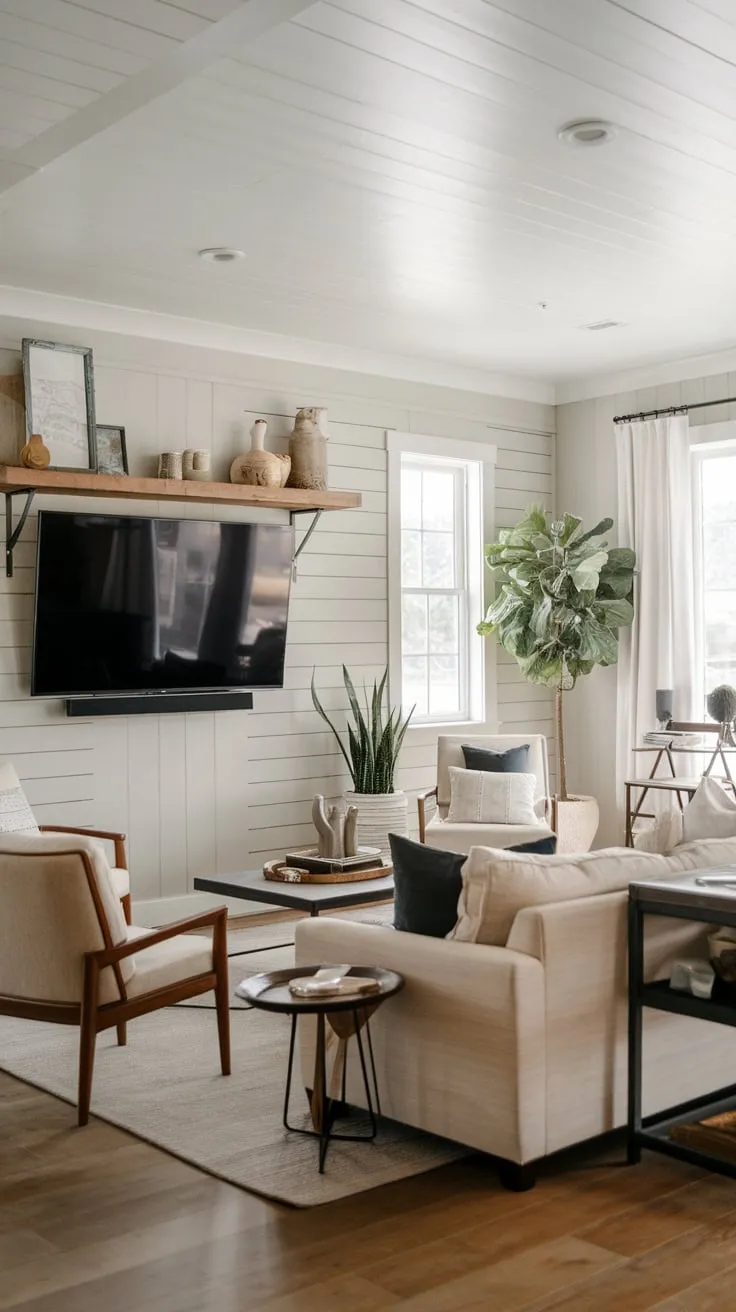 A light gray modern living room features a large wall-mounted TV above a wooden shelf, complemented by a beige sofa and wooden floors creating a cozy atmosphere.