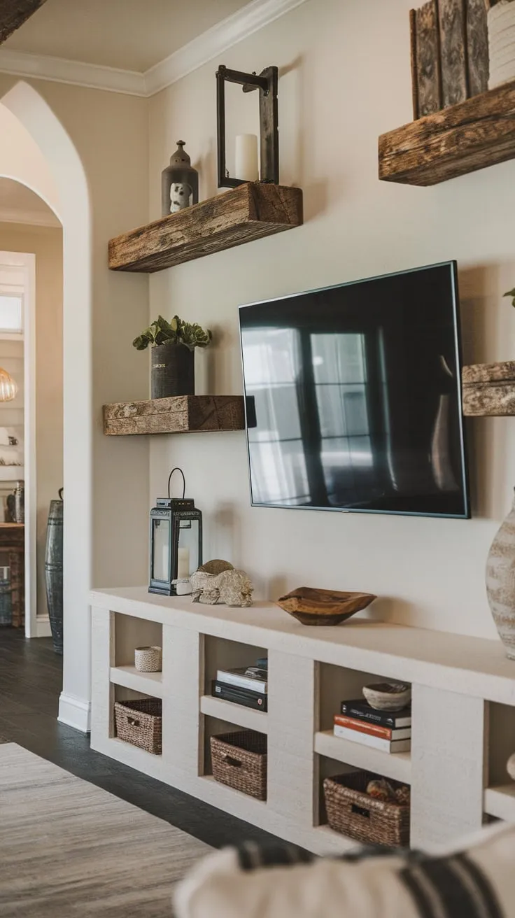 A cozy modern TV room features a large screen, warm wooden shelving with decorative accents, and a soft rug, creating a relaxing atmosphere.