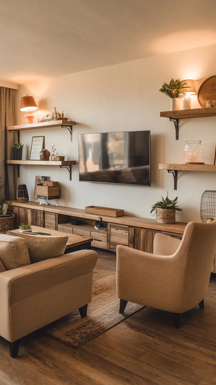 Warm lighting and natural wood accents create a cozy modern TV room perfect for relaxation.
