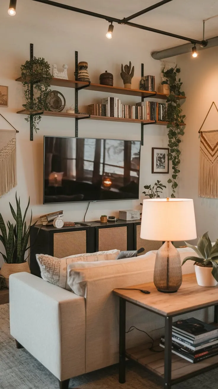 Warm lighting illuminates a modern TV room featuring a cozy sofa, built-in shelving with plants and books, and a large screen creating a relaxing atmosphere.