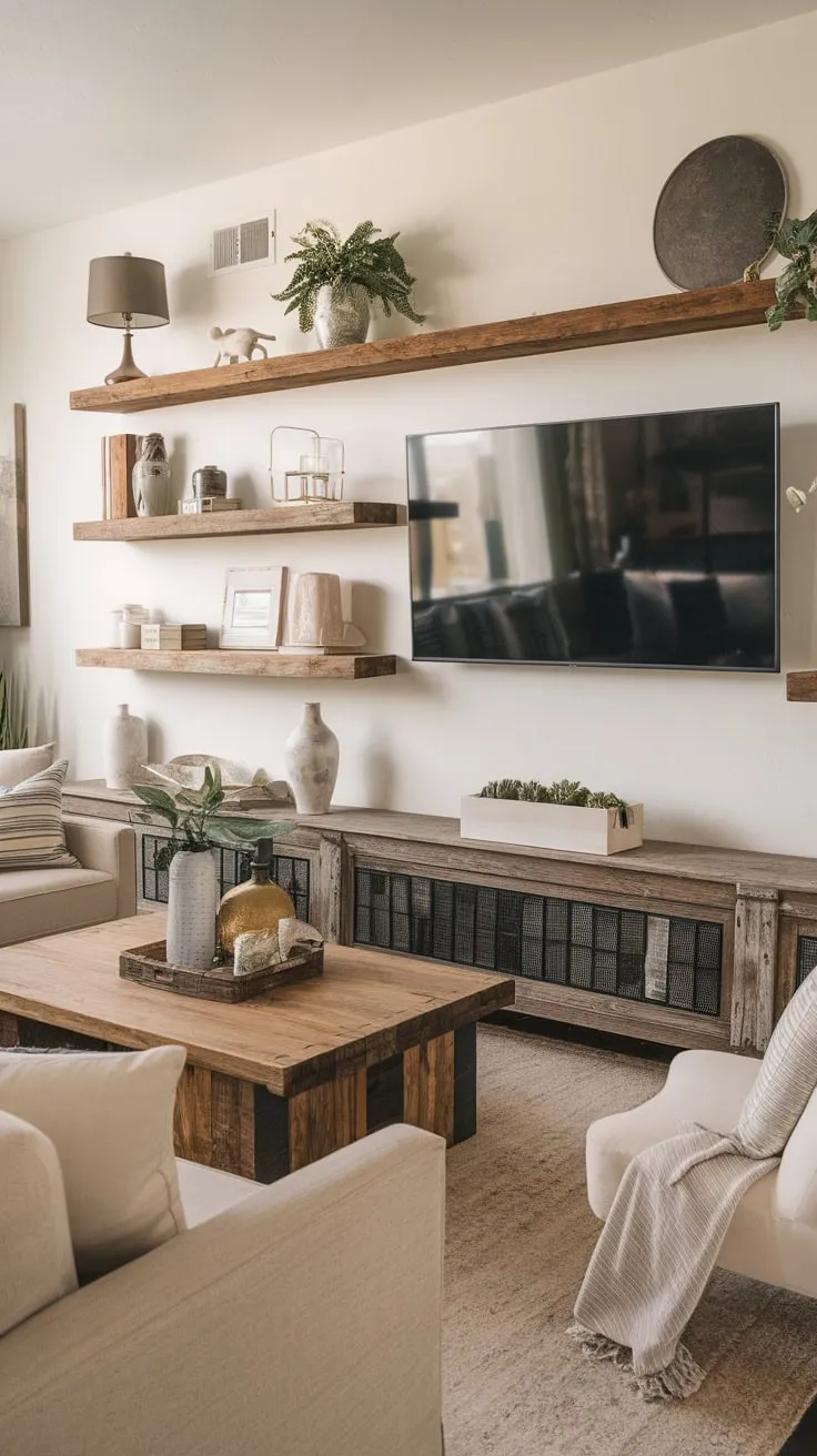A beige sofa, wooden coffee table, and large mounted TV create a modern living room warmed by simple wooden shelving and decor.