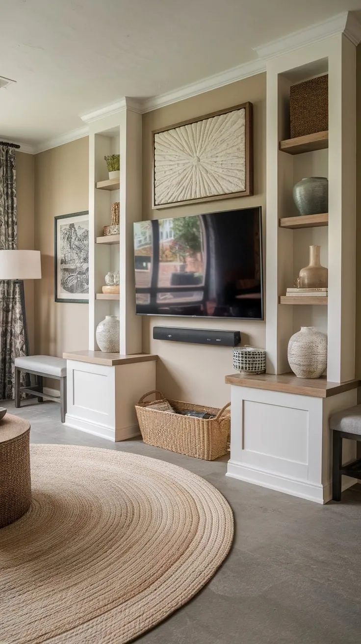 Beige walls and warm lighting enhance the modern TV room's inviting atmosphere.