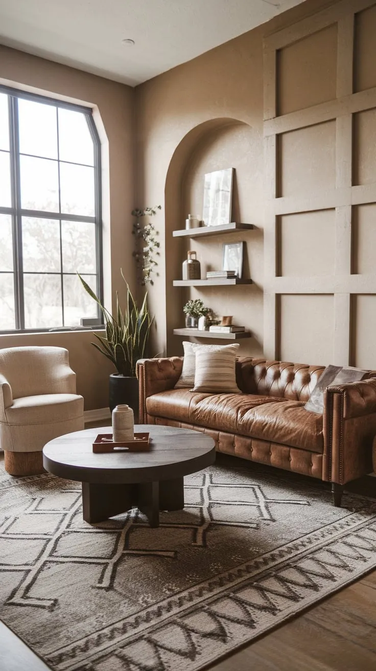 A cozy modern TV room blends beige walls and a large window with brown leather furniture, geometric rugs, and wooden accents for a warm, inviting atmosphere.