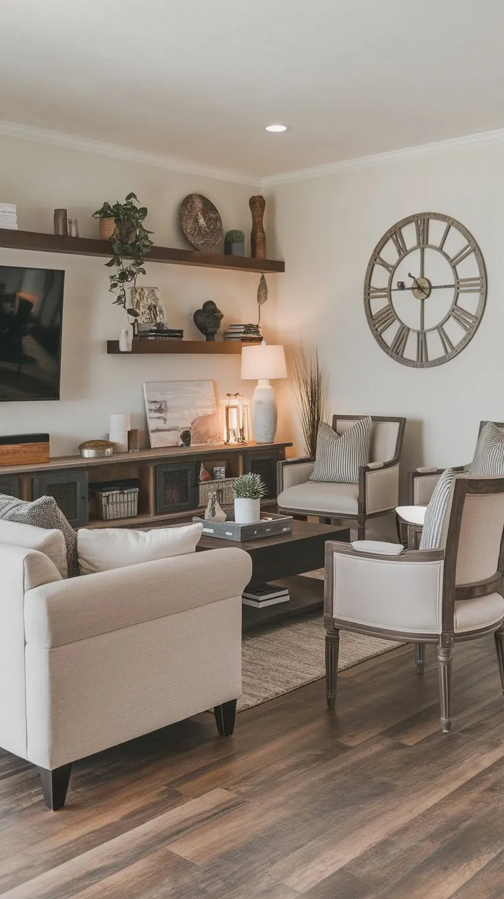 A modern TV room blends beige comfort with dark wood accents and eclectic décor for a relaxed yet stylish atmosphere.