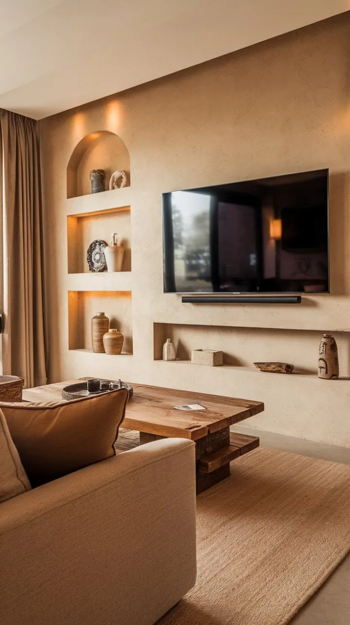 This living room uniquely combines modern comfort with rustic charm, creating a cozy haven for captivating films and relaxed sophistication.