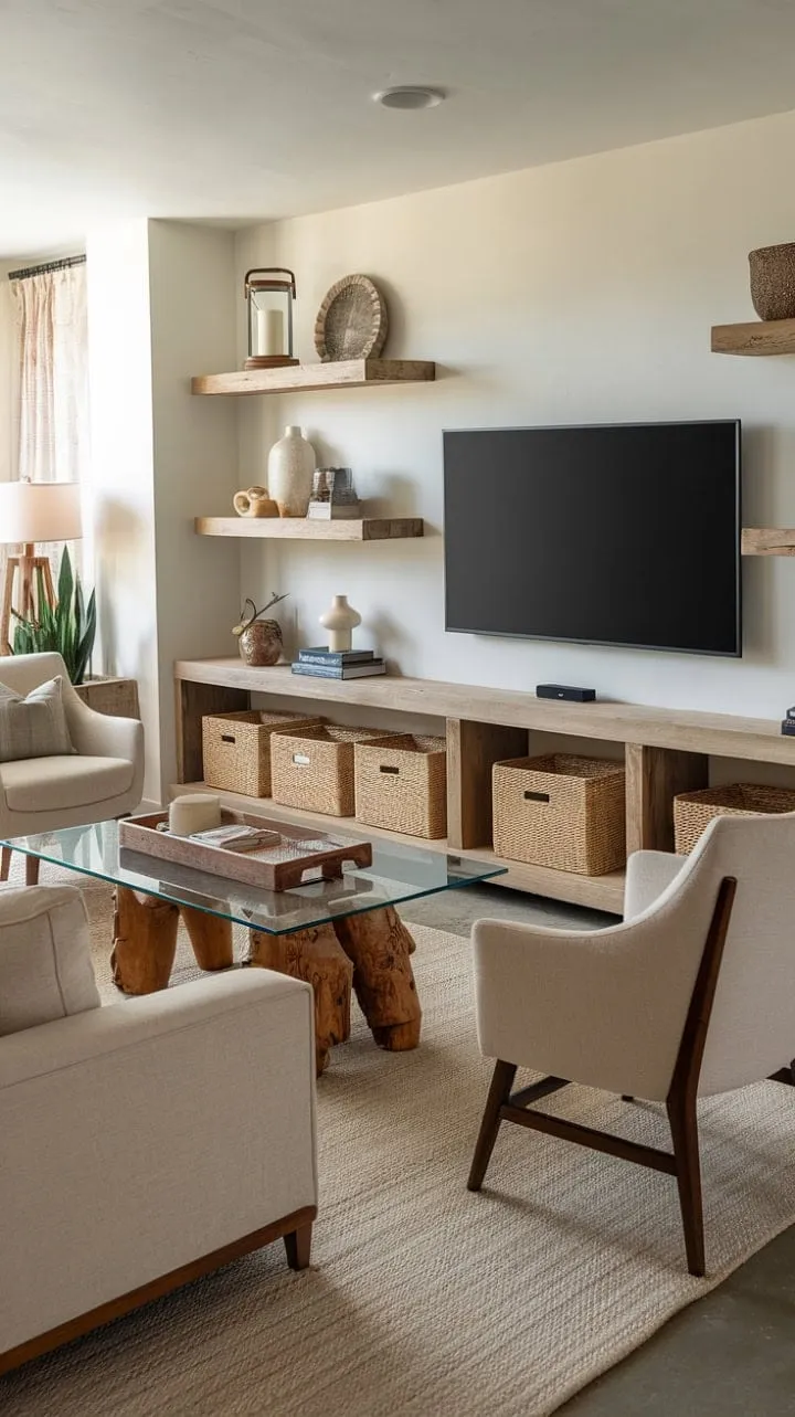 This serene sanctuary harmoniously fuses rustic charm with modern elegance, featuring natural wood, soft beige upholstery, and a sleek glass coffee table.