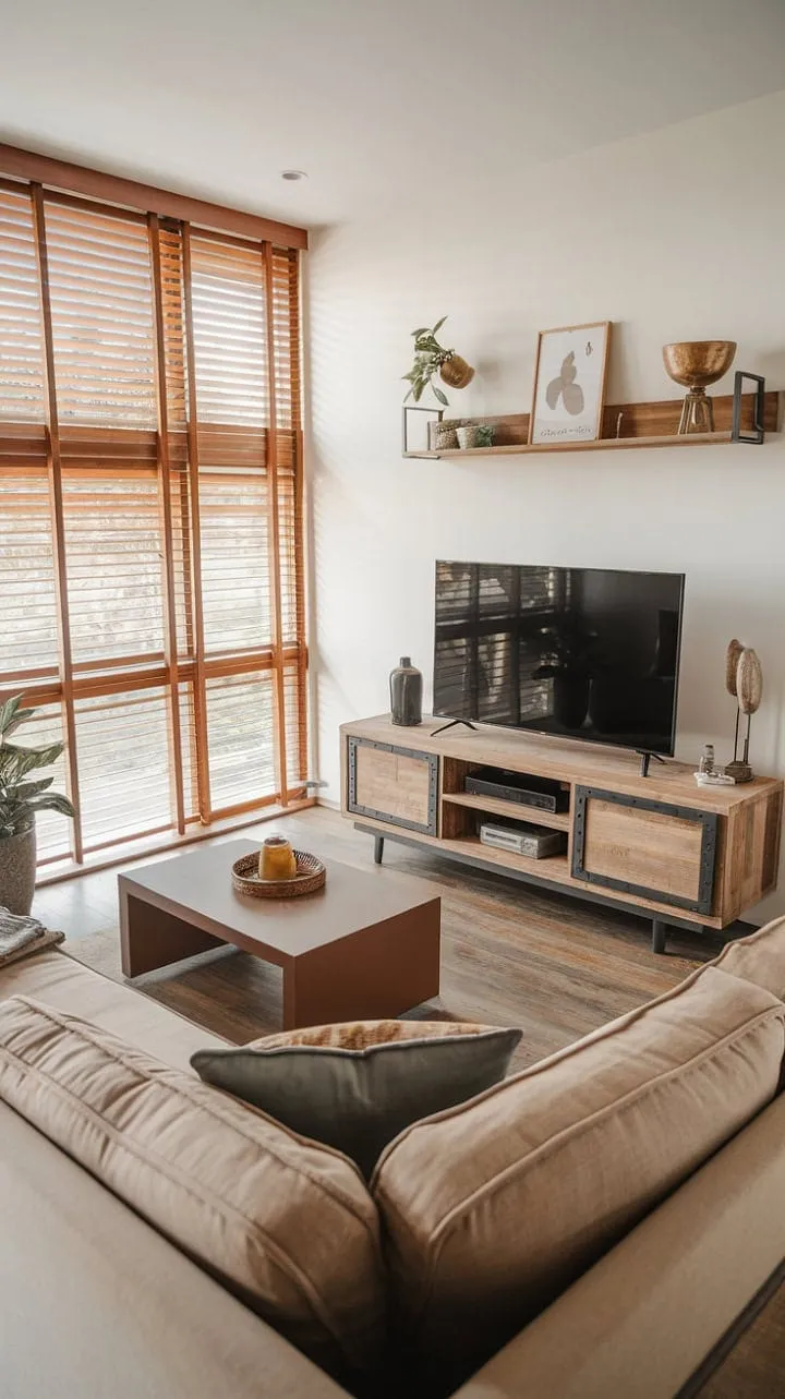 This living room beautifully blends contemporary style with rustic charm, featuring a large window and wooden floors that foster a warm, inviting atmosphere of relaxed sophistication.