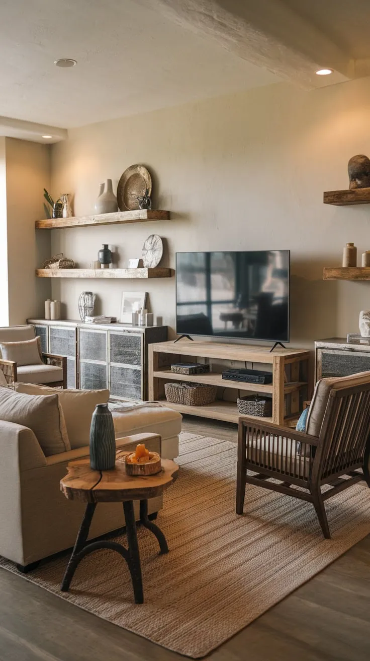 Warm lighting and a beige palette create a cozy modern TV room, complete with wooden accents and comfortable seating.