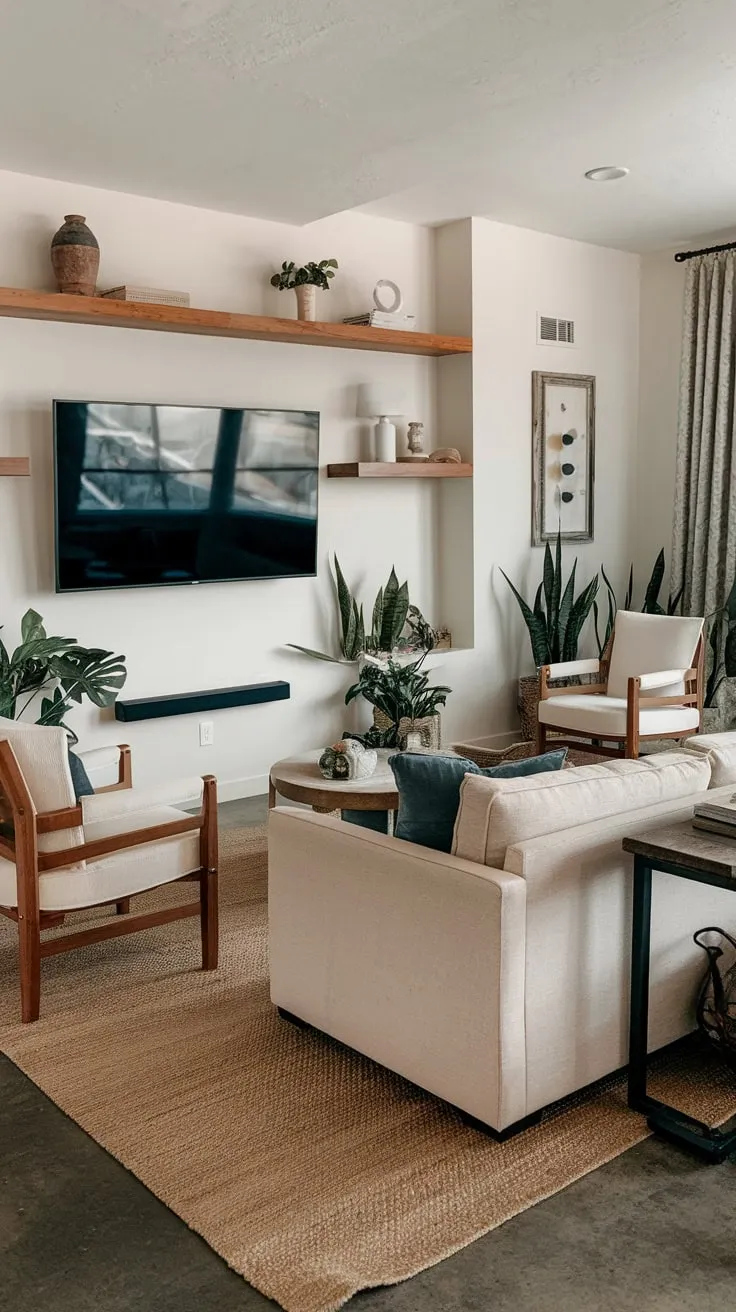 A beige sofa and wooden accents complement a modern TV wall and plush rug in a calming, plant-filled living space.