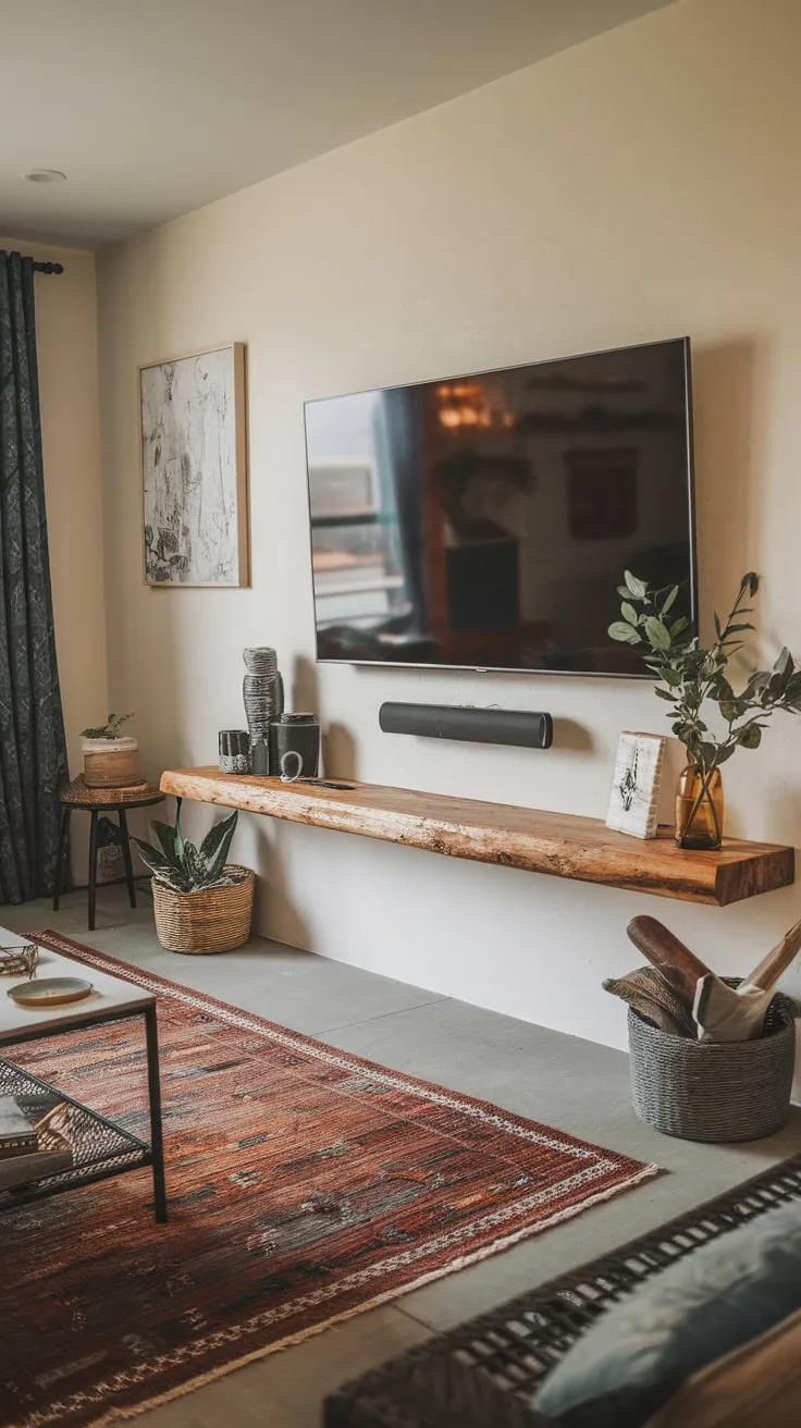 A cozy modern TV room blends minimalist design with warm wooden accents for a relaxing atmosphere.