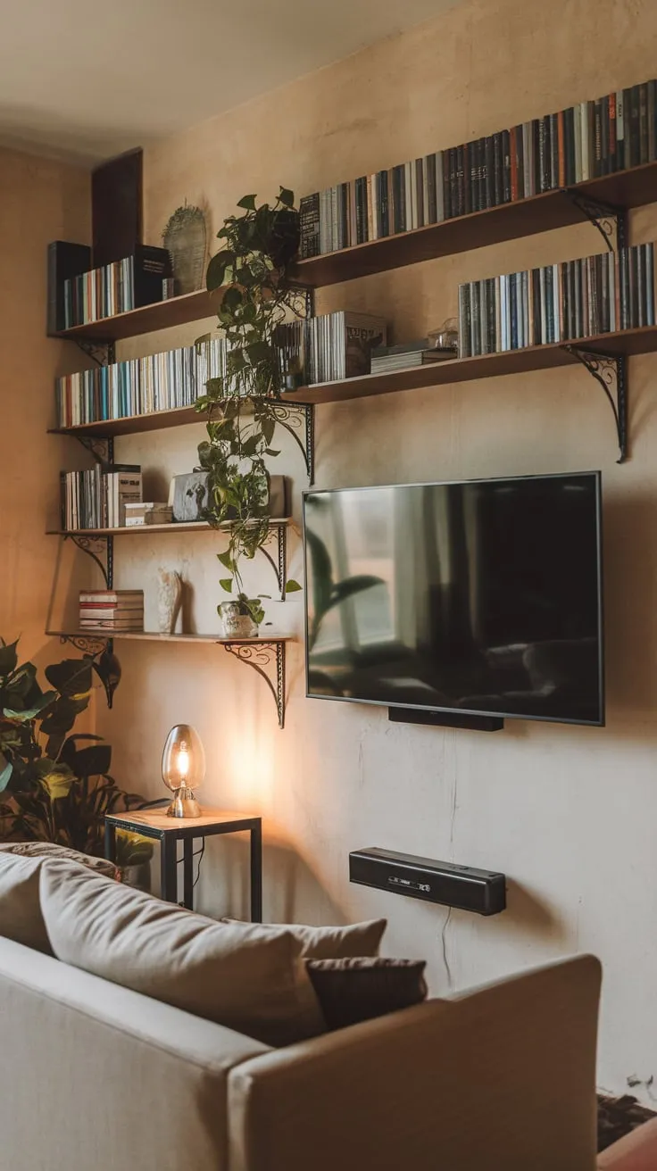 Warm lighting illuminates a modern TV room featuring a large screen, cozy sofa, and open shelving displaying books and plants.