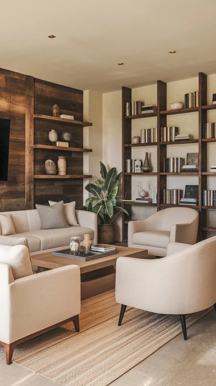 A warm beige living room, accented by wood and bookshelves, offers a cozy modern escape.