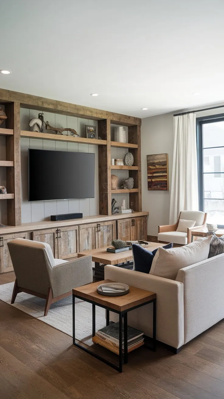 Warm wood floors and a large window complement a modern TV area featuring a beige sofa and eclectic shelving.