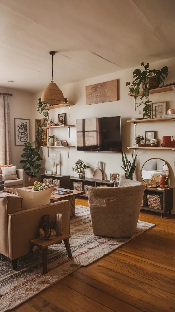 Warm lighting and eclectic décor create a cozy modern TV room with a stylish, multi-functional wall unit.