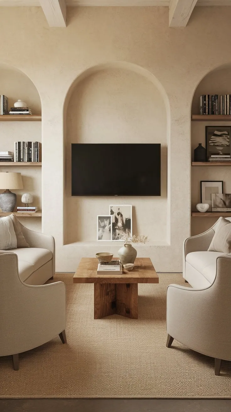A warm beige living room features a modern built-in media wall and comfortable seating, creating an inviting atmosphere.