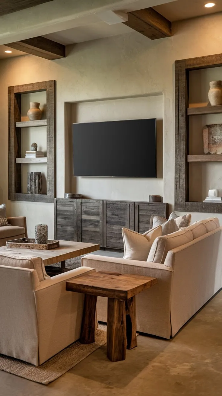 Warm lighting illuminates a modern TV room featuring a beige sofa, wooden accents, and a large flat-screen TV mounted above.