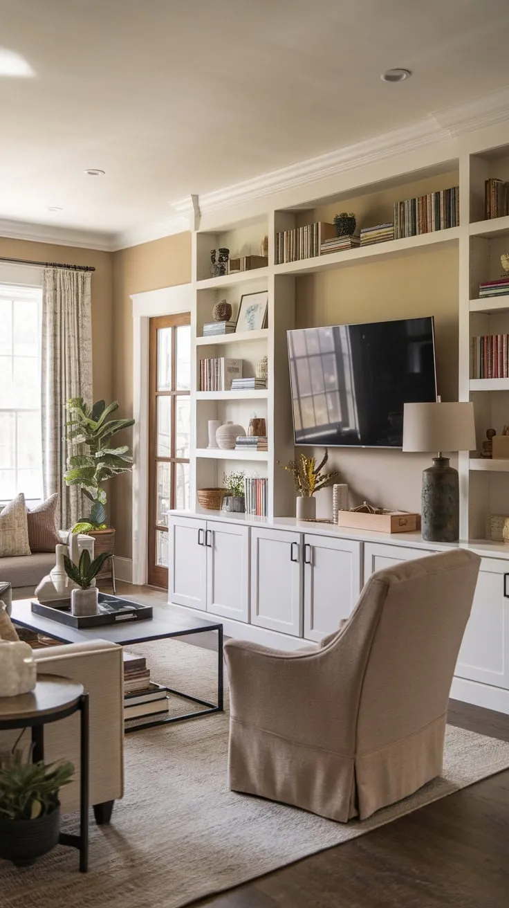 A modern living room's cozy TV area features a stylish media wall, comfortable seating, and curated décor.