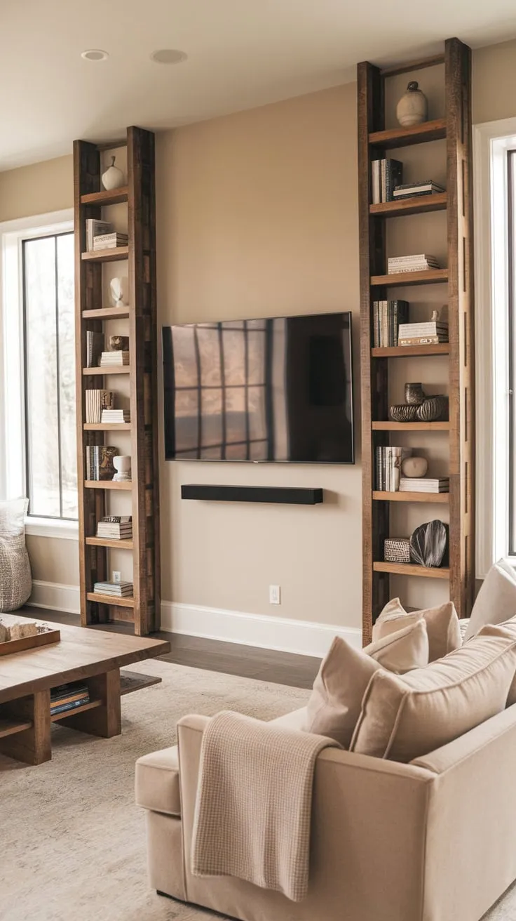 A cozy modern TV room features a large screen flanked by bookshelves, a beige sofa, and warm wooden accents.