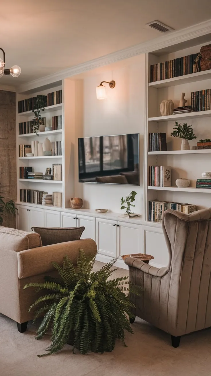 Warm lighting and a blend of textures create a cozy modern TV room, where plush seating and open shelving filled with plants and books offer a relaxing atmosphere.