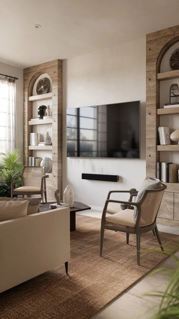A beige sofa and comfy chairs surround a large wall-mounted TV in a modern living room accented by built-in shelves, a rug, and plants.