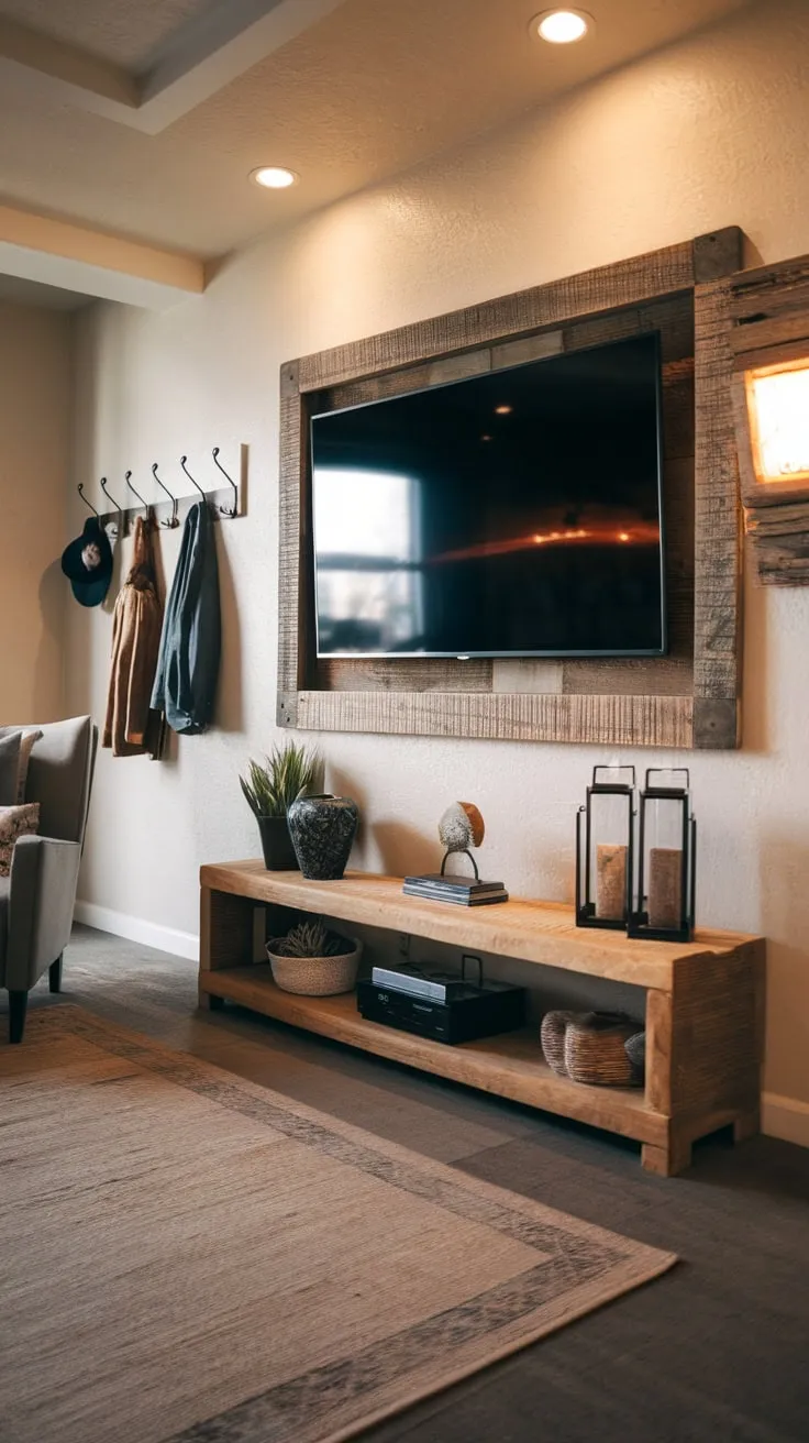 Warm lighting illuminates a modern TV room featuring a large screen, cozy chair, and stylishly arranged décor.