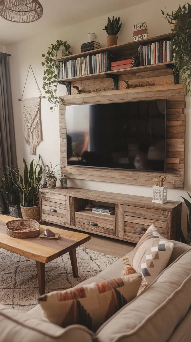 A modern TV room blends comfort and style with a large screen, warm wood accents, and cozy furnishings.
