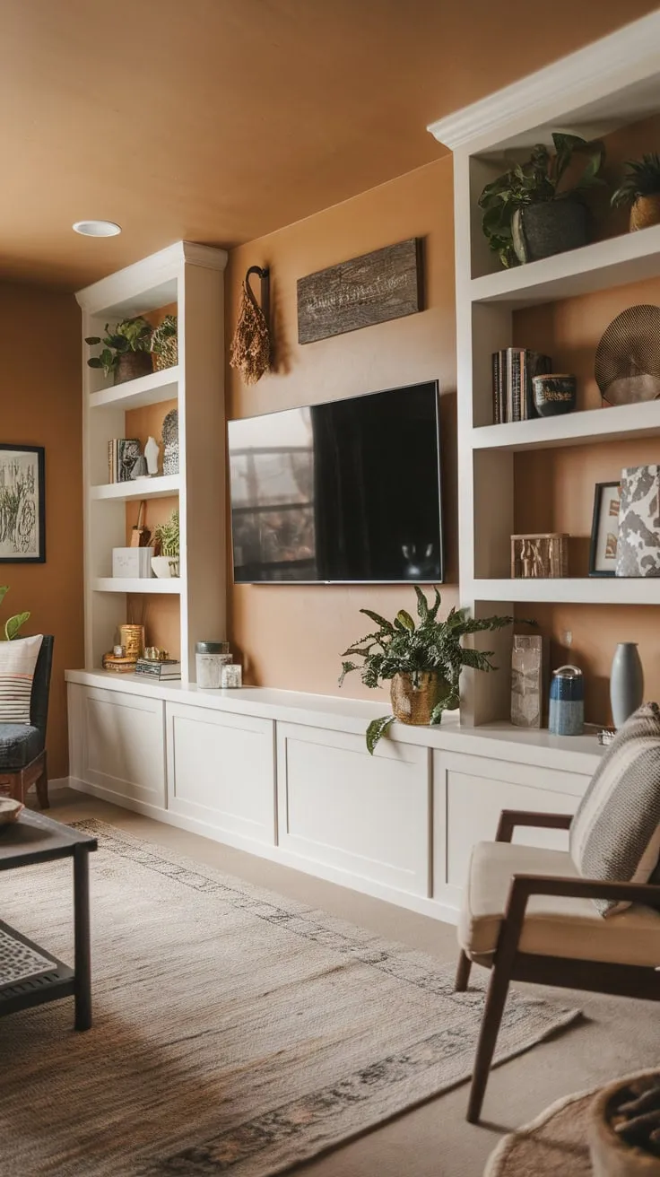 Warm beige walls, built-in shelves overflowing with plants and books, and a cozy rug create a modern TV room with inviting character.