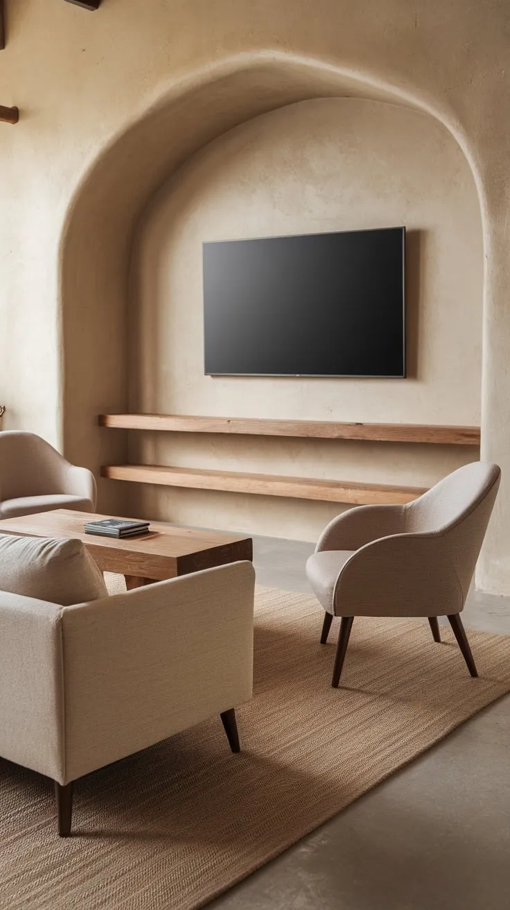 Warm beige tones and wooden accents create a relaxing modern TV room atmosphere.