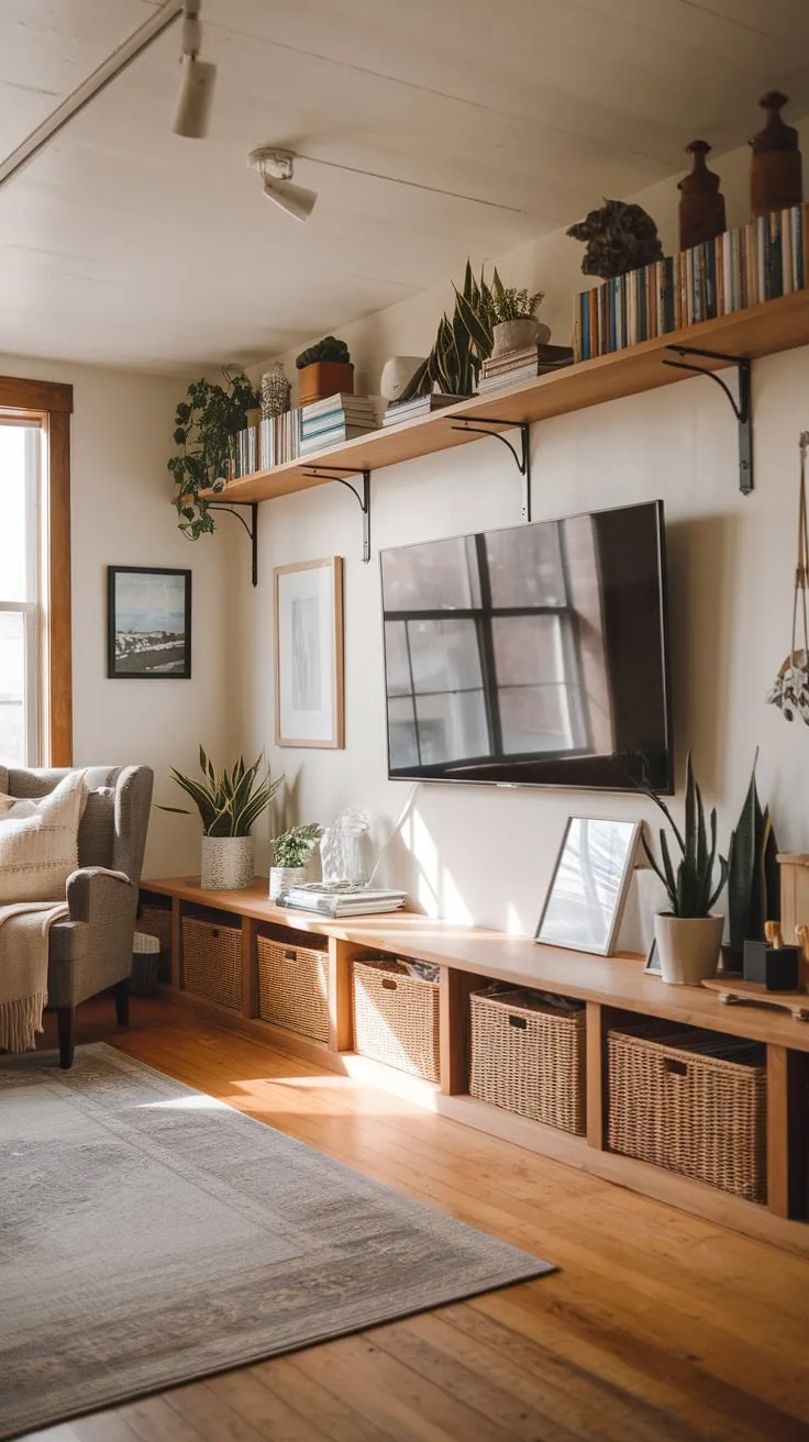 A cozy modern TV room blends natural light, comfortable seating, and stylish shelving for a relaxing entertainment space.