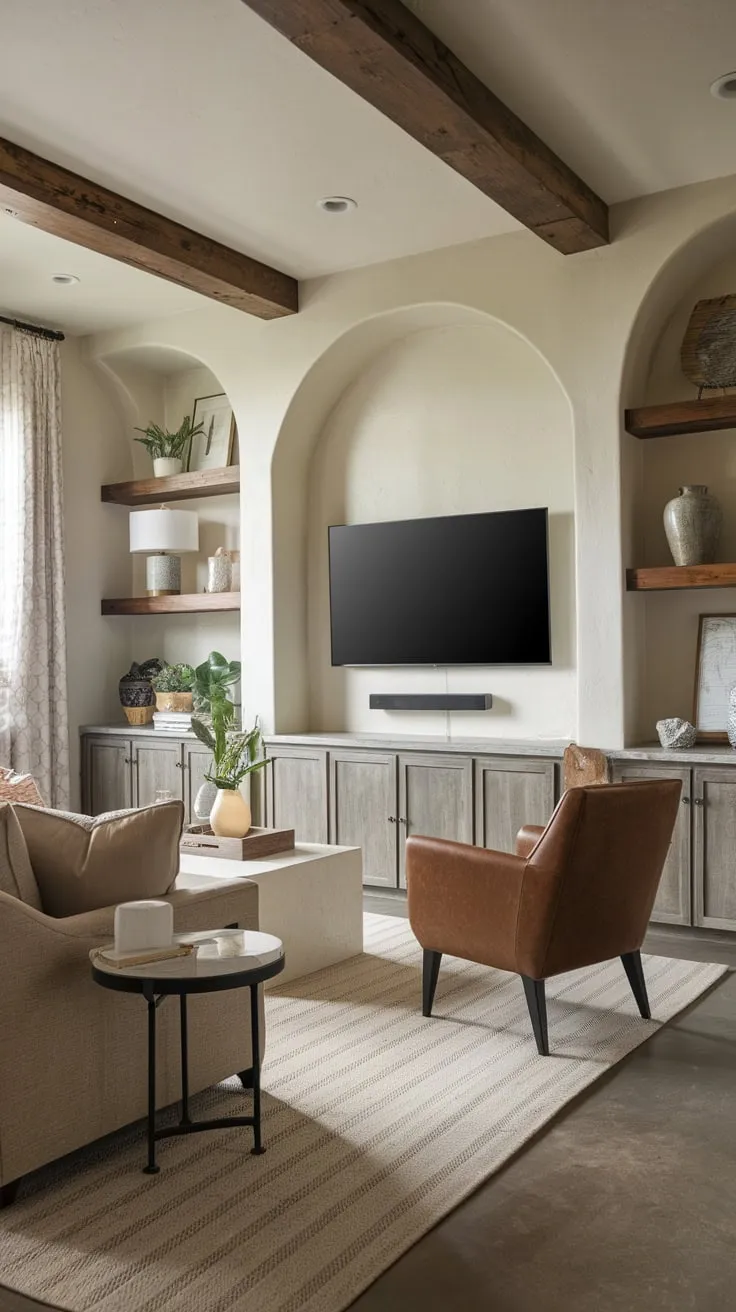 A modern TV room blends beige comfort with wooden beams and eclectic décor for a relaxed yet stylish atmosphere.