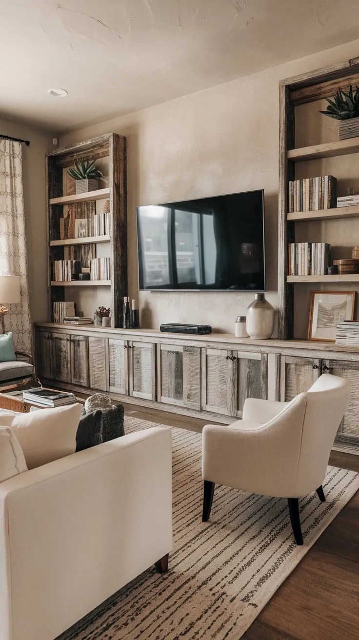 A modern TV room blends textured walls, a white sofa, and a large, wood-shelved entertainment center showcasing books and plants.