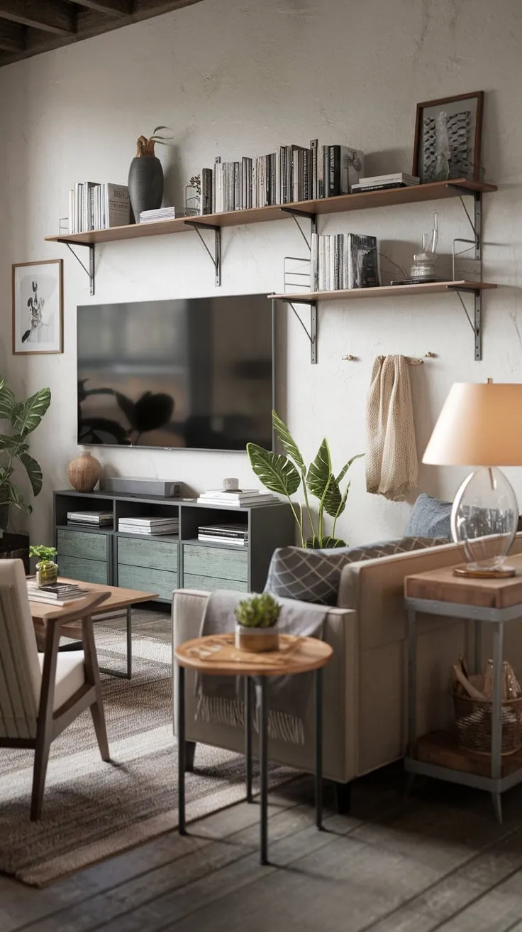 A modern living room blends comfort and style with a large TV, cozy seating, and curated shelving.