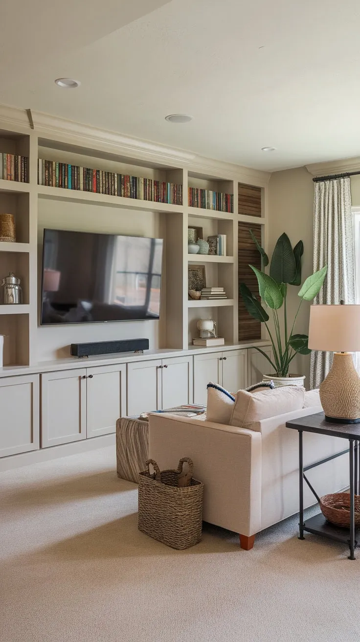 A cozy beige modern TV room features a built-in entertainment wall, plush sofa, and carefully curated accessories creating a relaxing atmosphere.