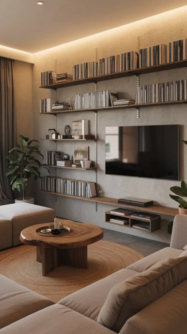 Warm lighting, a cozy beige couch, and book-lined shelves create a modern, inviting TV room.