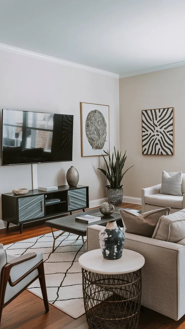 This living room is a testament to the power of minimalist design. A sophisticated palette, punctuated by pops of green from the plant and subtle texture from the vase, achieves a sense of calm and understated elegance. A haven of tranquility.