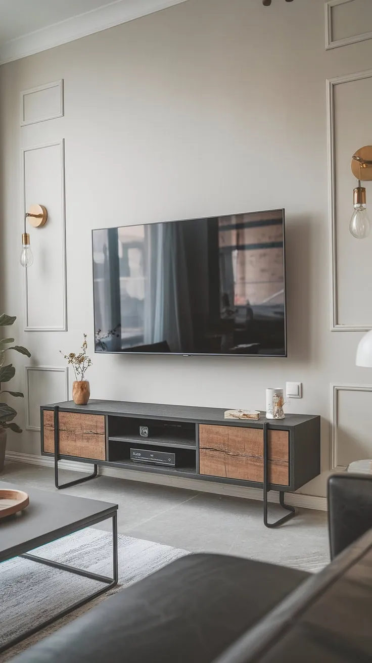 A minimalist haven where functionality meets artistry. The custom-designed TV stand, a beautiful blend of wood and metal, anchors the space, while the large screen provides the perfect entertainment hub. A sanctuary of calm and contemporary style.