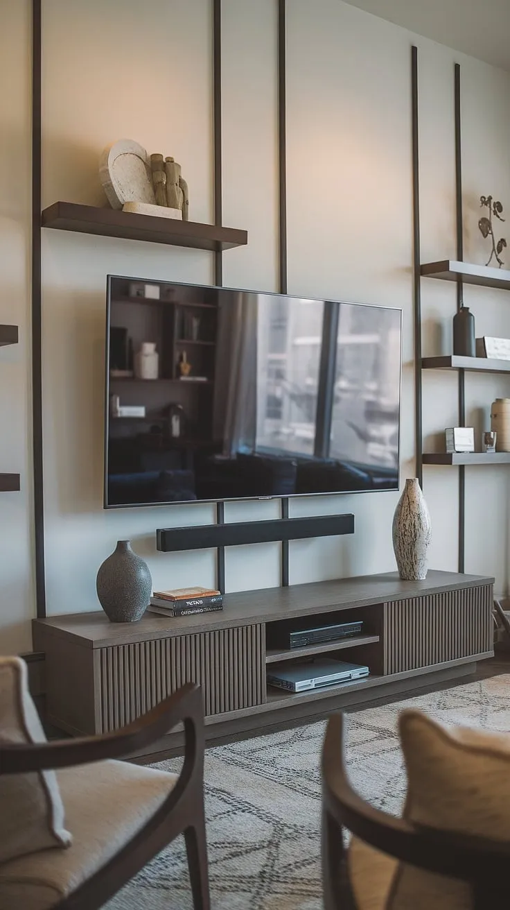 This modern living room's focal point is undoubtedly the sleek TV wall, a stunning blend of form and function. The minimalist design, accented by carefully chosen decorative items on the shelves and stand, creates a cozy and inviting atmosphere perfect for relaxation. A testament to sophisticated simplicity.
