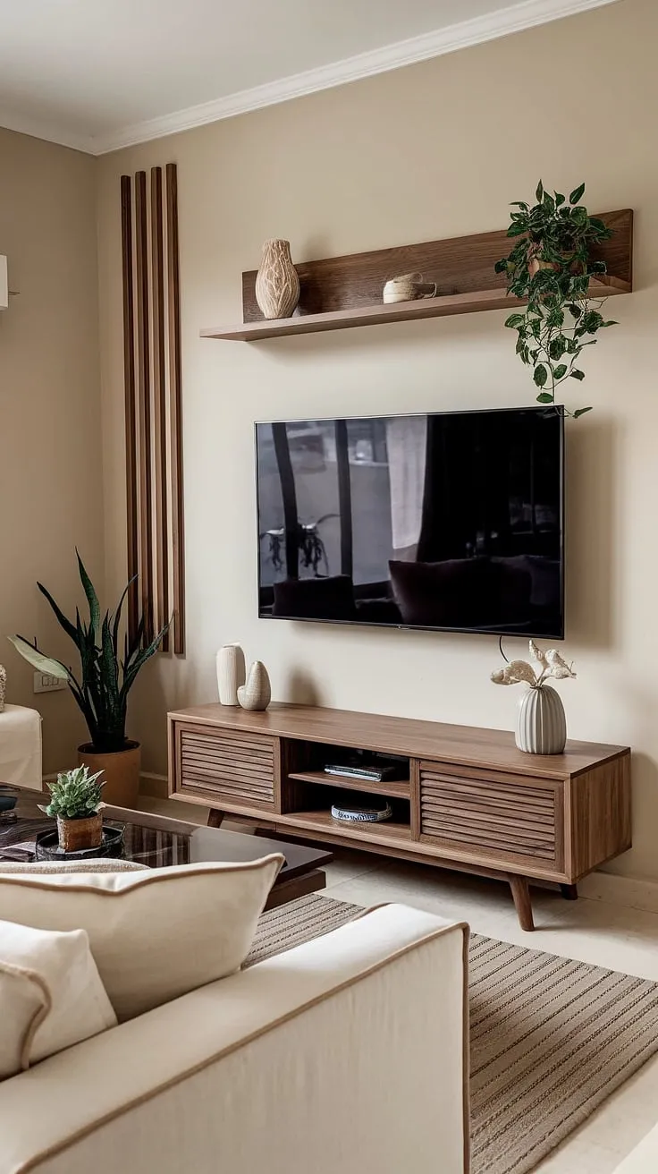 Relax and unwind in this serene living room, featuring a sleek modern TV wall that seamlessly blends style and functionality. The warm wood tones of the TV stand and shelving create a cozy atmosphere, complemented by the soft beige walls and plush white sofa. A perfect space for quiet evenings and quality time.