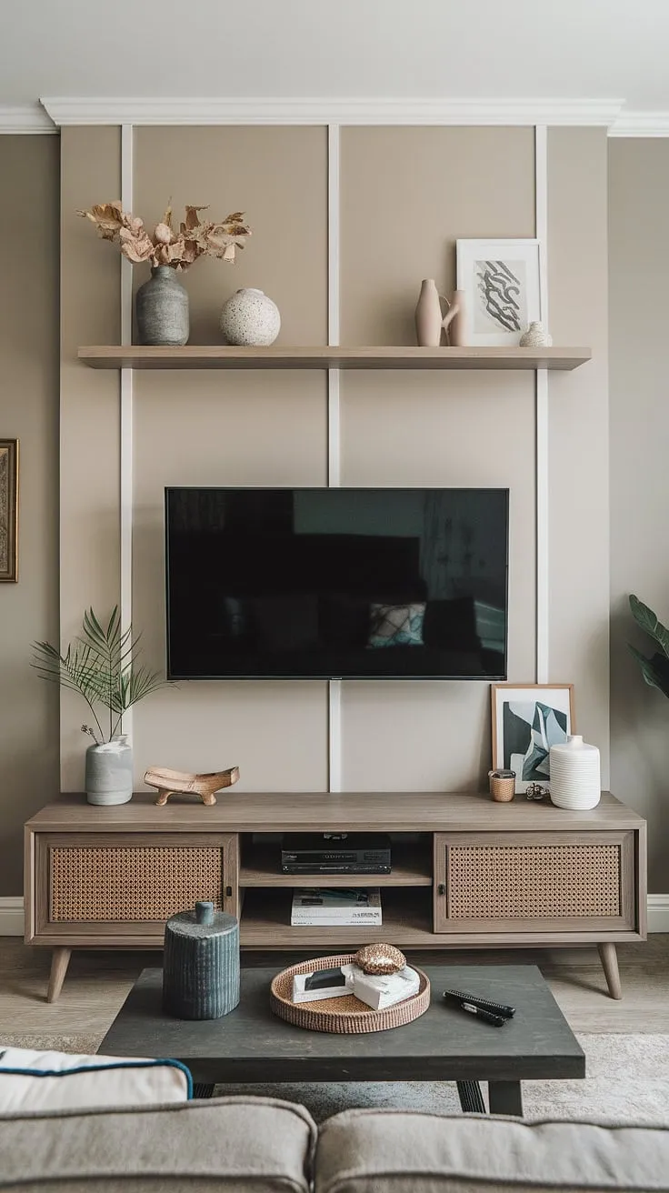 A haven of calm and contemporary style, this living room showcases the perfect balance between minimalist design and cozy comfort. The integrated TV unit and carefully curated accessories create a space that is both visually appealing and effortlessly functional, offering a relaxing atmosphere for unwinding after a long day.
