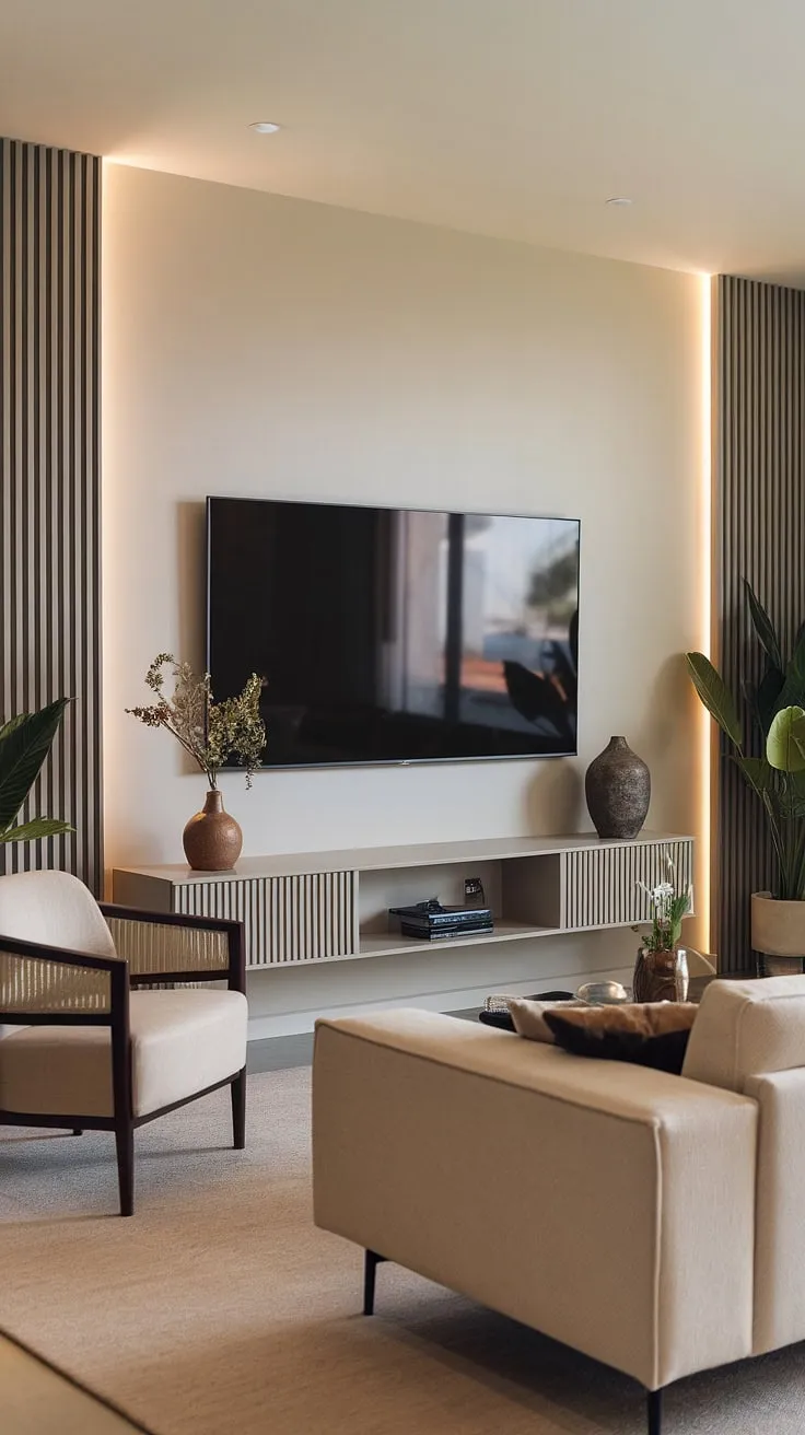 Modern living redefined. The sleek TV wall, complemented by the soft beige palette and carefully chosen accents, creates a space that's both stylish and incredibly relaxing. A perfect blend of form and function, this room effortlessly embodies contemporary comfort.