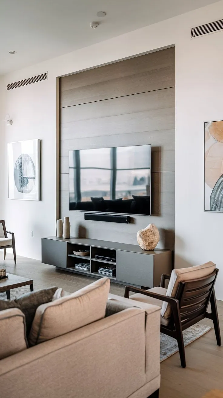 Relax and unwind in this stylish living room, where minimalist design meets ultimate comfort. The focal point, a sleek TV wall, seamlessly integrates entertainment into the space, complemented by carefully curated artwork and a warm, light wood floor. A sense of calm pervades the room, making it the perfect sanctuary for relaxation and connection.