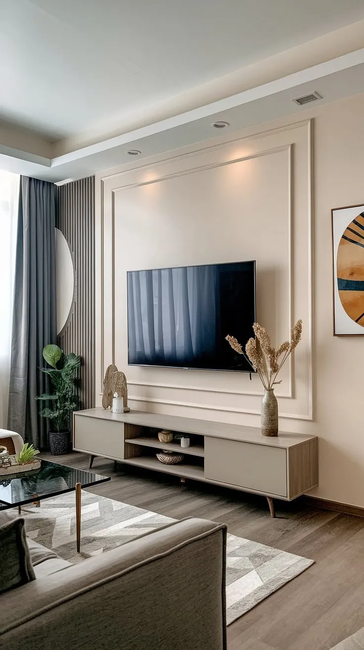 This modern living room seamlessly blends minimalist design with warm, inviting elements. The clean lines of the TV wall unit, accented by subtle décor, create a focal point that complements the comfortable seating area and natural wood flooring. A perfect example of how thoughtful design can enhance everyday living.