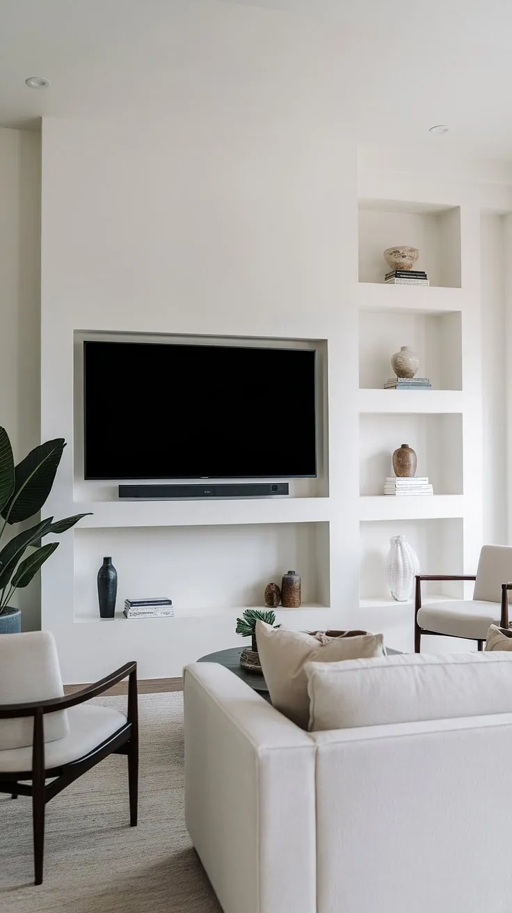 This bright, airy living room showcases the beauty of simplicity. The floating TV and sleek stand are perfectly complemented by the minimalist furniture and carefully curated decor. A space designed for relaxation and effortless living, it's the epitome of modern comfort.