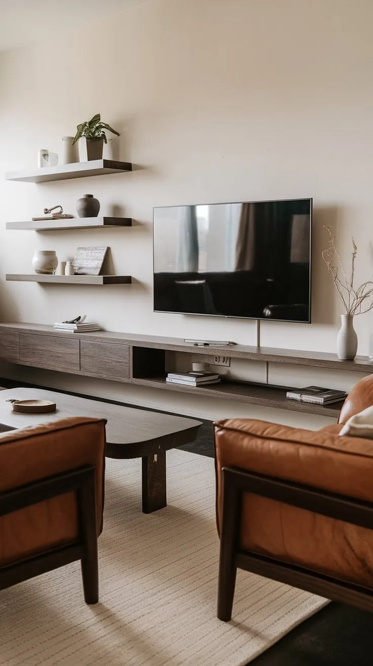 Modern living redefined. The warm tones of the wooden coffee table and floating shelf, contrasted by the sleek leather sofa, create a sophisticated and inviting atmosphere. A perfect blend of comfort and contemporary style.